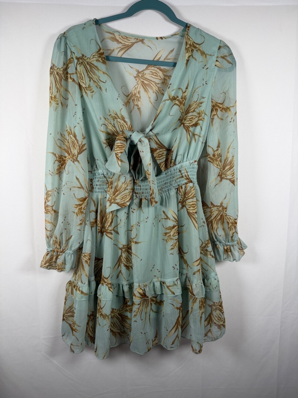 Floral Fairy Sheer Tie-Front Coquette Long Sleeve Milkmaid Mini Dress in Sage - Picture 1 of 7